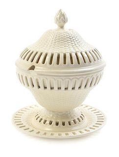 * An English Creamware Reticulated Tureen and Underplate, Height 10 1/2 inches.