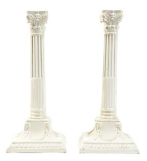* A Pair of English Creamware Candlesticks, Height 10 3/8 inches.