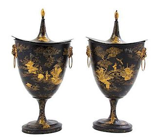 * A Pair of Tole Urns and Covers, 19TH/20TH CENTURY, Height 13 inches.