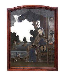 * A Chinese Reverse Painted Mirror, QIANLONG PERIOD, CIRCA 1765, Overall height 28 x width 22 inches.