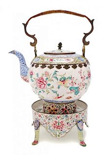 A Canton Enamel Teapot on Warming Stand, Height over handle 11 1/2 inches.
