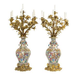 A Pair of Chinese Export Gilt Bronze Mounted Vases, Height 38 inches.