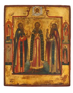 A 19TH CENTURY RUSSIAN ICON OF ANDREI OF SMOLENSK AND SAINTS, MOSCOW SCHOOL