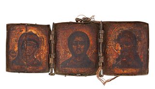 AN EARLY 18TH CENTURY CENTRAL RUSSIAN DEESIS TRAVELING ICON TRIPTYCH