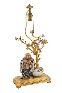 CHINESE GILT BRONZE AND PORCELAIN FIGURAL TABLE LAMP