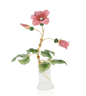 A LATE 20TH CENTURY FABERGE STYLE GOLD, DIAMOND, RHODONITE AND NEPHRITE MODEL OF A FLOWER