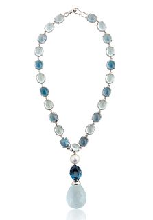 A LAURA J AQUAMARINE, PEARL AND GEMSTONE NECKLACE