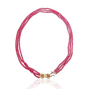 LIKELY FRENCH  BEADED THREE LAYER RUBY, DIAMOND AND GOLD NECKLACE