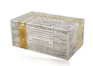 A 1885 LARGE RUSSIAN GILT SILVER TROMPE L'OEIL CIGAR BOX, WORKMASTER JOHAN OLSONIUS, ST. PETERSBURG