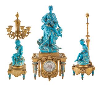 A LATE 19TH MINTONS OR MINTONS-STYLE THREE-PIECE PORCELAIN DESK CLOCK 