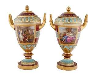 FIRST HALF 20TH CENTURY PAIR OF ACKERMANN & FRITZE PORCELAIN COVERED URNS