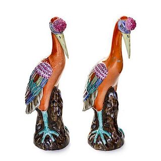 * A Pair of Chinese Export Polychrome Enameled Figures of Cranes, Height 14 5/8 inches.
