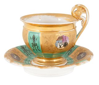 19TH CENTURY GILT PORCELAIN TEA CUP AND SAUCER