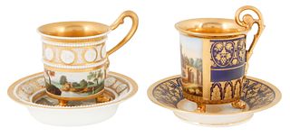 19TH CENTURY GILT AND PAINTED PORCELAIN TEA CUPS AND SAUCERS