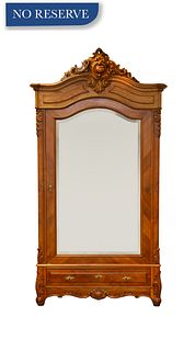 LATE 19TH CENTURY FRENCH REGENCE CARVED WALNUT OVERSIZED MIRRORED SINGLE DOOR ARMOIRE