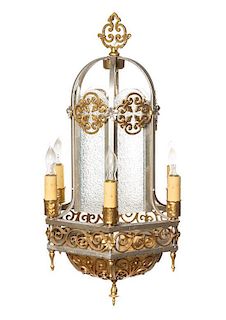A Gothic Revival Silvered and Gilt Decorated Brass Lantern, Height overall 33 x diameter 16 inches.