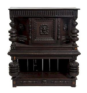 * A Jacobean Style Oak Court Cupboard, 18TH CENTURY, Height 53 1/4 x width 46 x depth 15 1/2 inches.