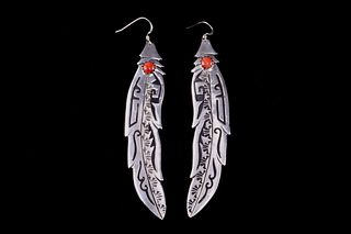 Navajo T&R Singer Sterling & Branch Coral Earrings