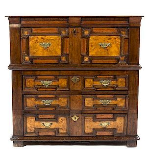 A Charles II Oak and Burlwood Chest of Drawers, Height 41 1/2 x width 41 1/2 x depth 20 1/2 inches.