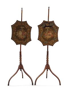 * A Pair of English Walnut Pole Screens, Height 55 1/2 inches.