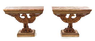 A Pair of George II Style Carved Figural Console Tables, Height 33 3/4 x width 43 1/4 x depth 15 1/2 inches.