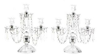 A Pair of English Glass Three-Light Candelabra, Height 13 inches.