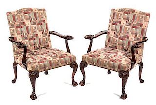 * A Pair of Chippendale Style Mahogany Library Chairs, 20TH CENTURY, Height 41 1/4 inches.
