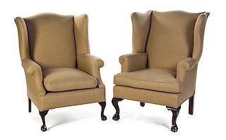 A Near Pair Of Chippendale Style Wingback Armchairs, Height 47 inches.