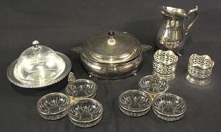 MIXED LOT OF SEVEN SILVER & GLASS SERVING PIECES