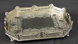 SILVER PLATED FOOTED TRAY WITH RETICULATED GALLERY