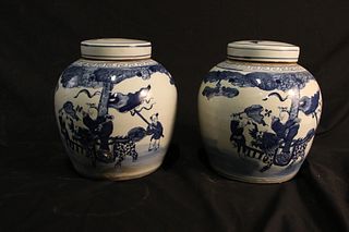 PAIR OF CHINESE BLUE AND WHITE CHINESE LIDDED JARS
