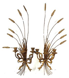 PAIR OF WHEAT STALK MOTIF THREE CANDLE SCONCES