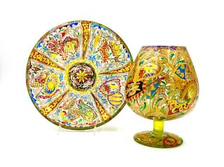 Two Pieces of Spanish Enameled Glass