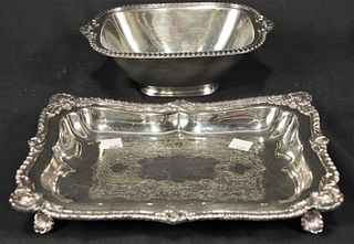 ONE SMALL SILVER PLATTER, ONE SILVER BOWL