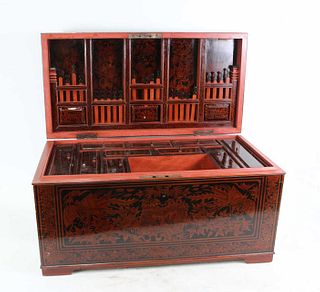 CHINESE LACQUER TRUNK WITH FITTED INTERIOR