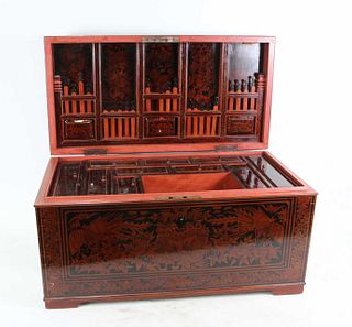 CHINESE LACQUER TRUNK WITH FITTED INTERIOR