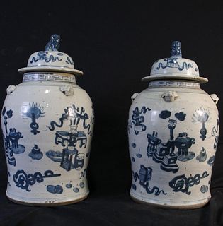 PAIR OF BLUE AND WHITE PORCELAIN LIDDED JARS