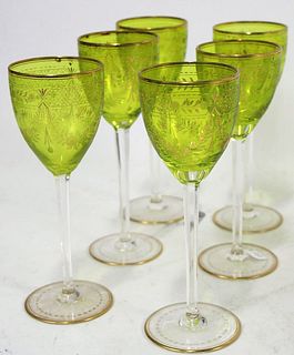 LOT OF SIX GREEN CUT TO CLEAR WINE GOBLETS