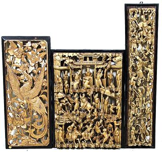 THREE 19th CENTURY CHINESE CARVED & GILDED RELIEFS