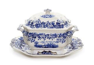 An English Transfer Decorated Covered Tureen and Stand, SPODE, Width of widest 16 inches.