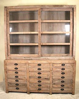 TWO PIECE DISTRESSED WOOD DISPLAY CABINET