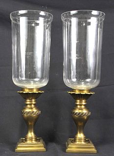 PAIR OF BRASS AND GLASS HURRICANE CANDLE HOLDERS