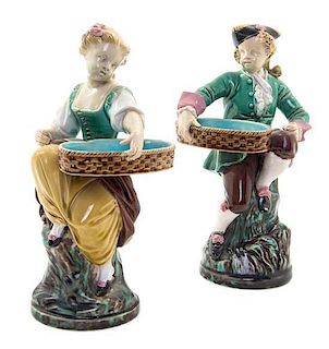 A Pair of Minton Majolica Figures, Height 7 1/2 inches.