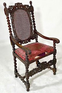 Charles II English Walnut Cane Back Armchair