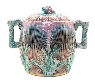 A Majolica Biscuit Jar, Height 5 1/2 inches.