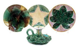 A Group of Majolica Articles, Diameter of first plate 8 inches.
