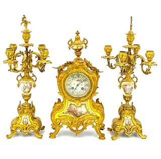 French Gilt Bronze and Porcelain Clock Garniture