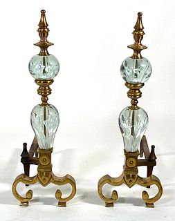 Pair of Brass and Paperweight Glass Andirons