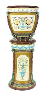* A Wedgwood Majolica Urn on Stand, SECOND HALF 19TH CENTURY, Height overall 42 inches.