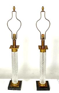 Pair of Cut Crystal and Brass Empire Style Table Lamps